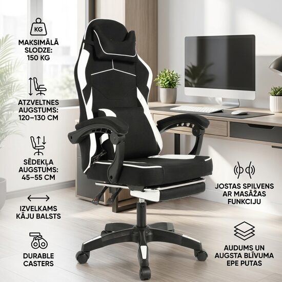 Ergonomisks Datorkrēsls ar Masāžas Spilvenu, Kāju Balstu, Regulējamu Atzveltni un Kakla Atbalstu līdz 150 kg