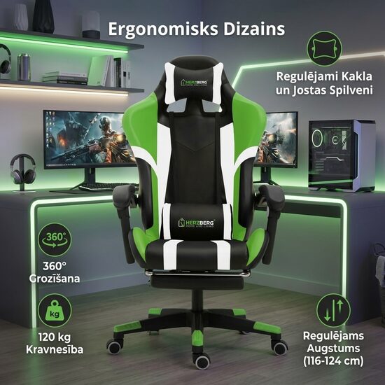 Regulējams un Biroja Krēsls ar Kāju Balstu, zaļš ar melnu datorkrēsls