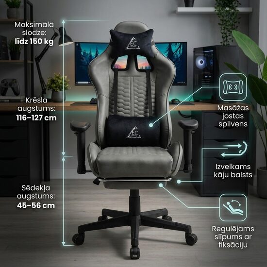 Ergonomisks biroja krēsls ar masāžas funkciju un kāju balstu, datorkrēsls