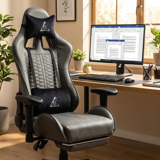 Ergonomisks biroja krēsls ar masāžas funkciju un kāju balstu, ērts datorkrēsls