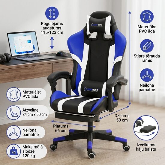 Ergonomisks un biroja krēsls ar kāju balstu, zils ar melnu, Datorkrēsls