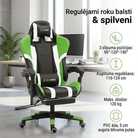 Regulējams un Biroja Krēsls ar Kāju Balstu, zaļš ar melnu datorkrēsls