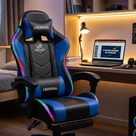 Zils ergonomisks un biroja krēsls ar kāju balstu, masāžas funkciju, RGB apgaismojumu un 150° regulējamu atzveltni