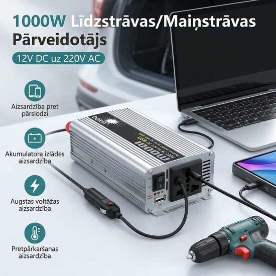 1000W Inverters: 12V/24V uz 220V Sprieguma Pārveidotājs