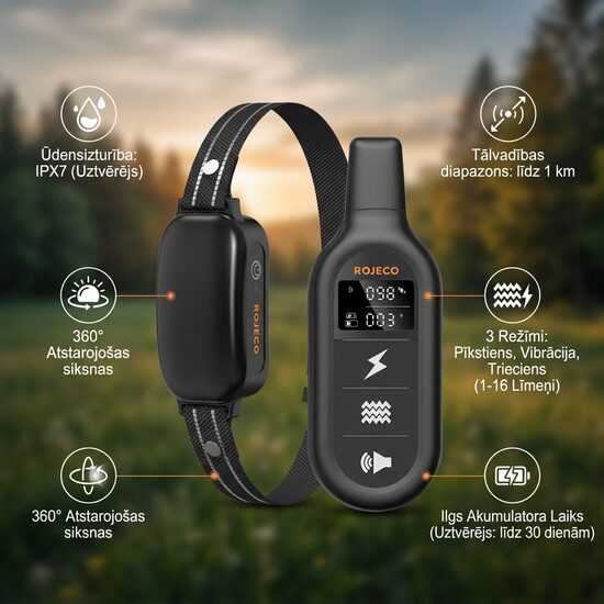 Suņu dresūras siksna (1km) ar elektro impulsu, skaņas signālu un vibrāciju, uzlādējama un mitrumizturīga