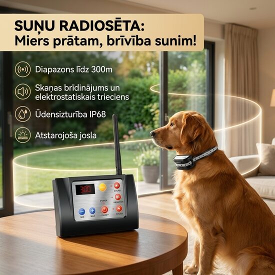Suņu Bezvadu Radiosēta (1 sunim) ar akumulatoru (Wifi 300m) Un Suņu Treniņsiksna (Divi Vienā), Uzlādējama, mitruma un lietus izturīga