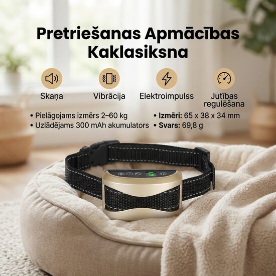 Suņu pretriešanas kakla siksna, mitrumizturīga ar elektroimpulsu, vibrāciju un skaņu, antilaj