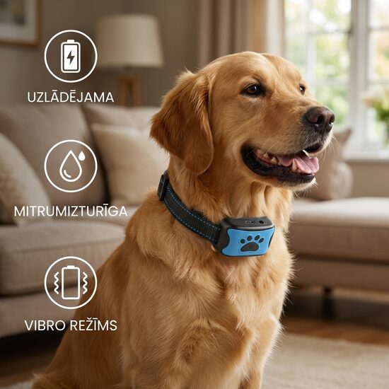 Vibro režīma Suņu pretriešanas kakla siksna, uzlādējama un mitrumizturīga, 7 līmeņu režīms, antilaj