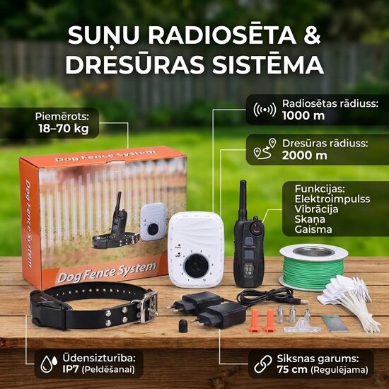 Suņu radiosēta (1000m) ar dresūras - treniņsiksnu (2000m) ūdens izturīga (var peldēt) ar elektro impulsu, vibro, skaņu, gaismas signālu un pulti ar LCD ekrānu