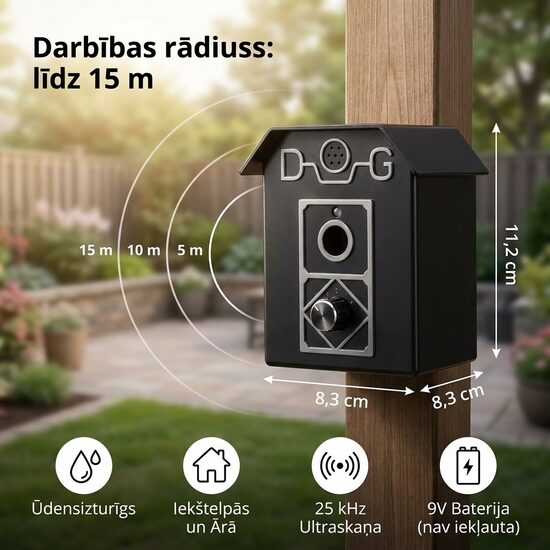Suņu pretriešanas ierīce ar ultraskaņu (15m, iekštelpās un ārā apstākļos), antilaj