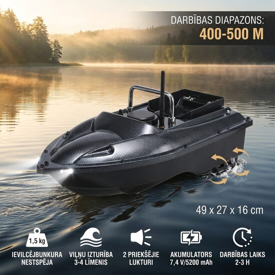 RC Makšķerēšanas Ēsmas Laiva ar Tālvadību 500 m, 1.5 kg Nestspēja, Dubultie Motori, Nakts Lukturi, 5200 mAh Akumulators