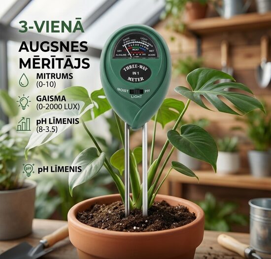 Augsnes pH līmeņa, augsnes mitruma un gaismas intensitātes mērītājs - 3 in 1