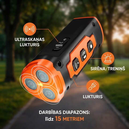Jaudīgs (3x membrānas) Suņu atbaidītājs - nomierinātājs ar ultraskaņu un gaismu (darbojas pret visu šķirņu suņiem, kaķiem, lapsām, vilkiem)