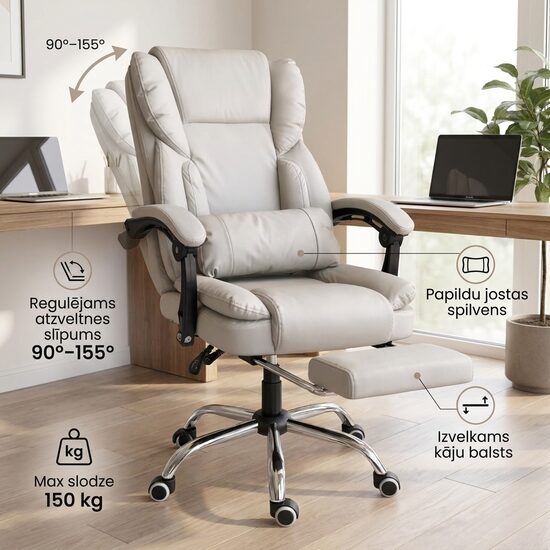 Biroja krēsls ar kāju balstu, krēmkrāsas eko āda, regulējams 90–155°, Datorkrēsls līdz 150 kg