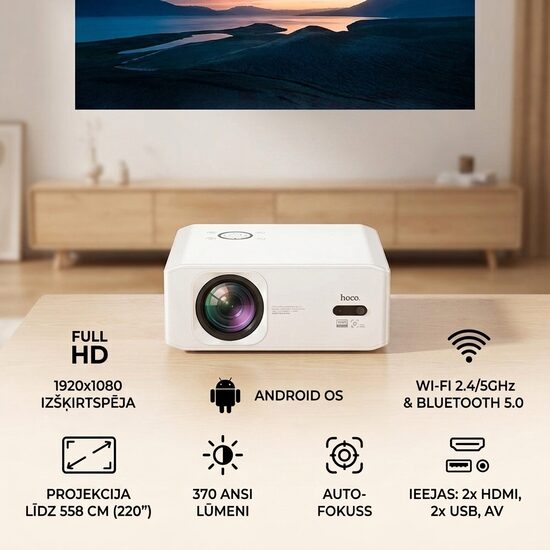 HOCO DT3 Full HD Android projektors ar Wi-Fi un Bluetooth – projekcijas iespējas mājām, birojam un izklaidei