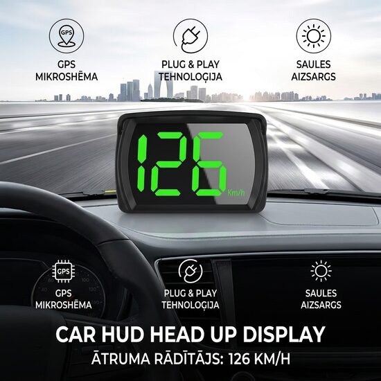 GPS HUD spidometrs ar projekciju uz priekšējo stiklu
