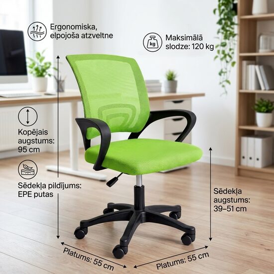 Ergonomisks Biroja Krēsls ar Sieta Atzveltni Zaļš